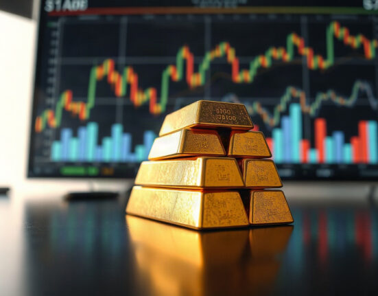 Gold bars stacked on a reflective surface with financial charts in the background