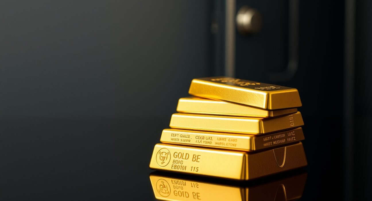 Gold bullion bars on a dark reflective surface representing safe-haven demand amid geopolitical uncertainty.