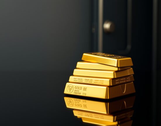 Gold bullion bars on a dark reflective surface representing safe-haven demand amid geopolitical uncertainty.