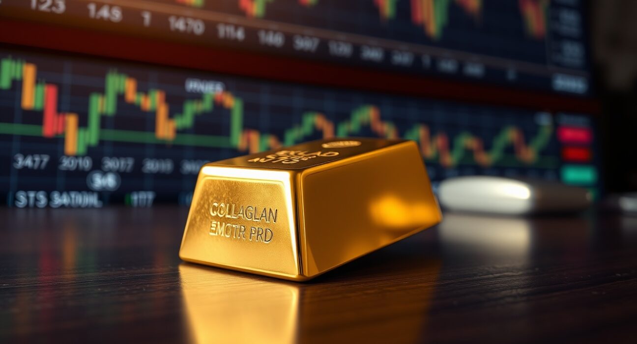 Gold bar resting on wooden surface with blurred financial charts in background