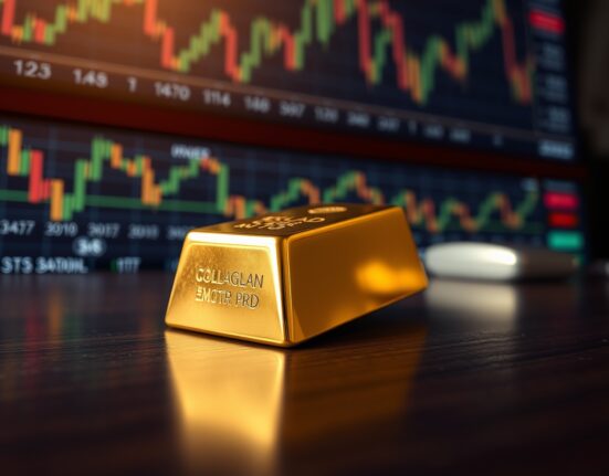 Gold bar resting on wooden surface with blurred financial charts in background