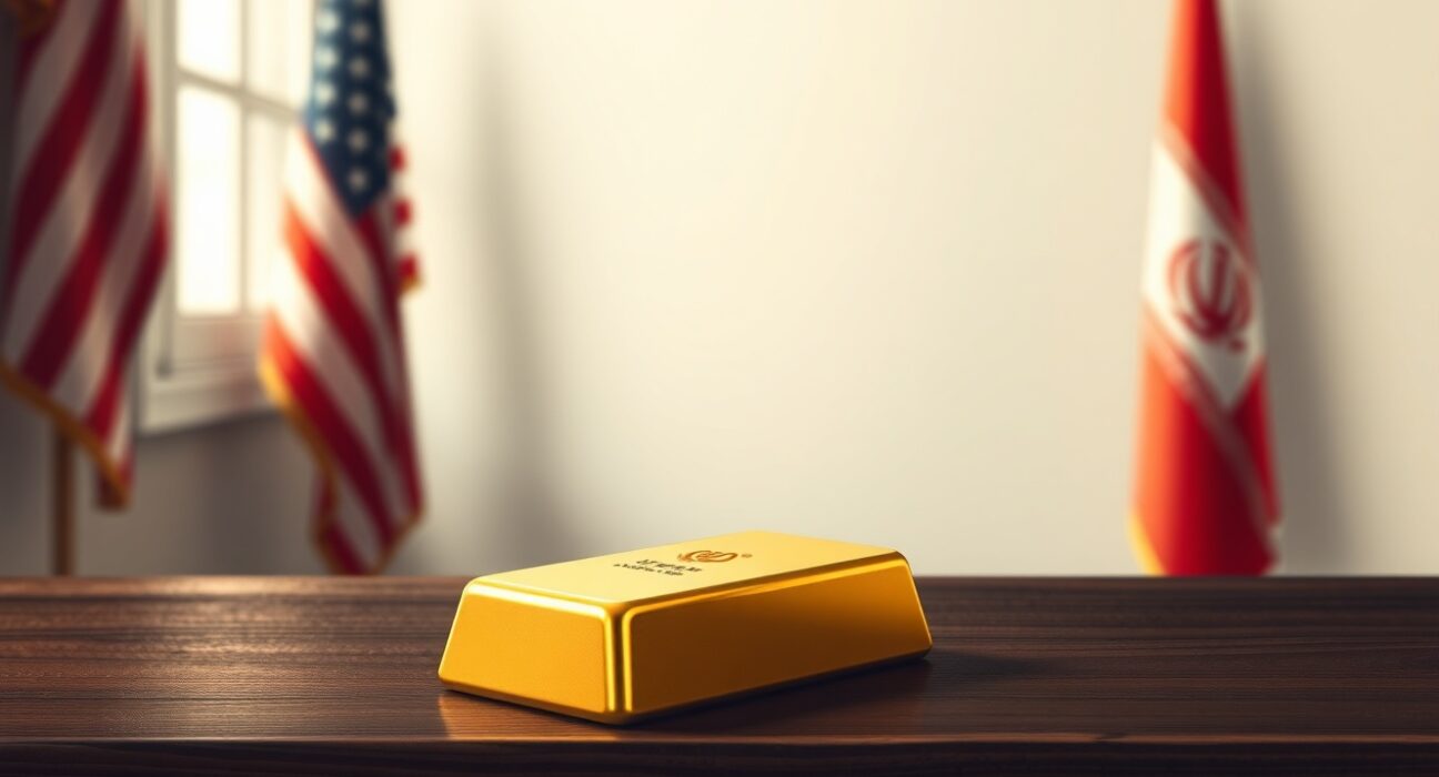 Gold bar resting on wooden surface with American and Iranian flags blurred in background, representing gold price above $4,700 amid US-Iran peace hopes.