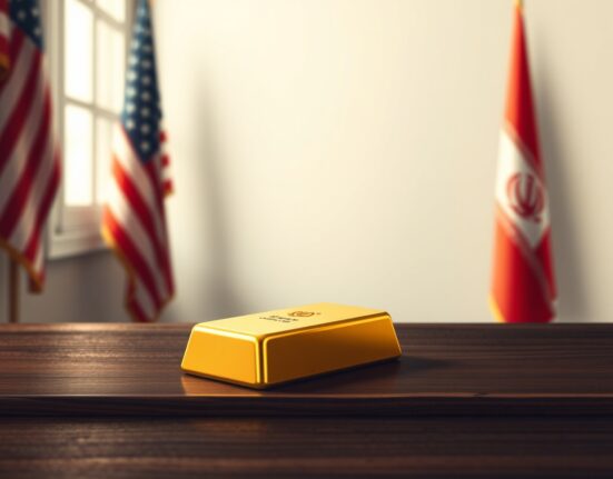 Gold bar resting on wooden surface with American and Iranian flags blurred in background, representing gold price above $4,700 amid US-Iran peace hopes.