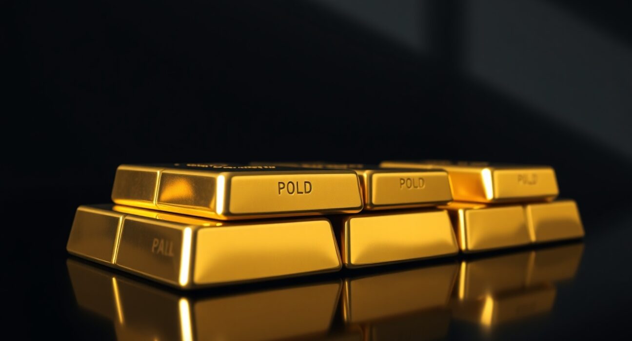 Stack of polished gold bars on a dark reflective surface with soft side lighting