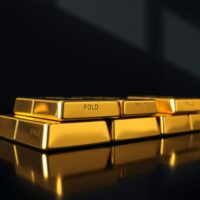 Stack of polished gold bars on a dark reflective surface with soft side lighting