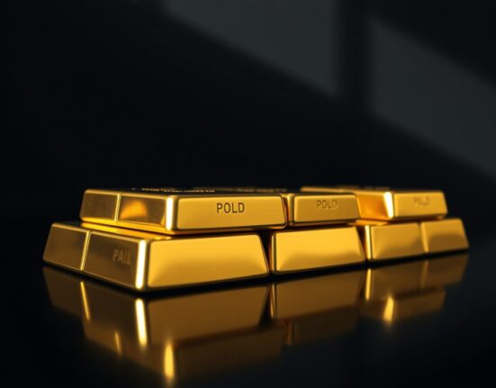 Stack of polished gold bars on a dark reflective surface with soft side lighting