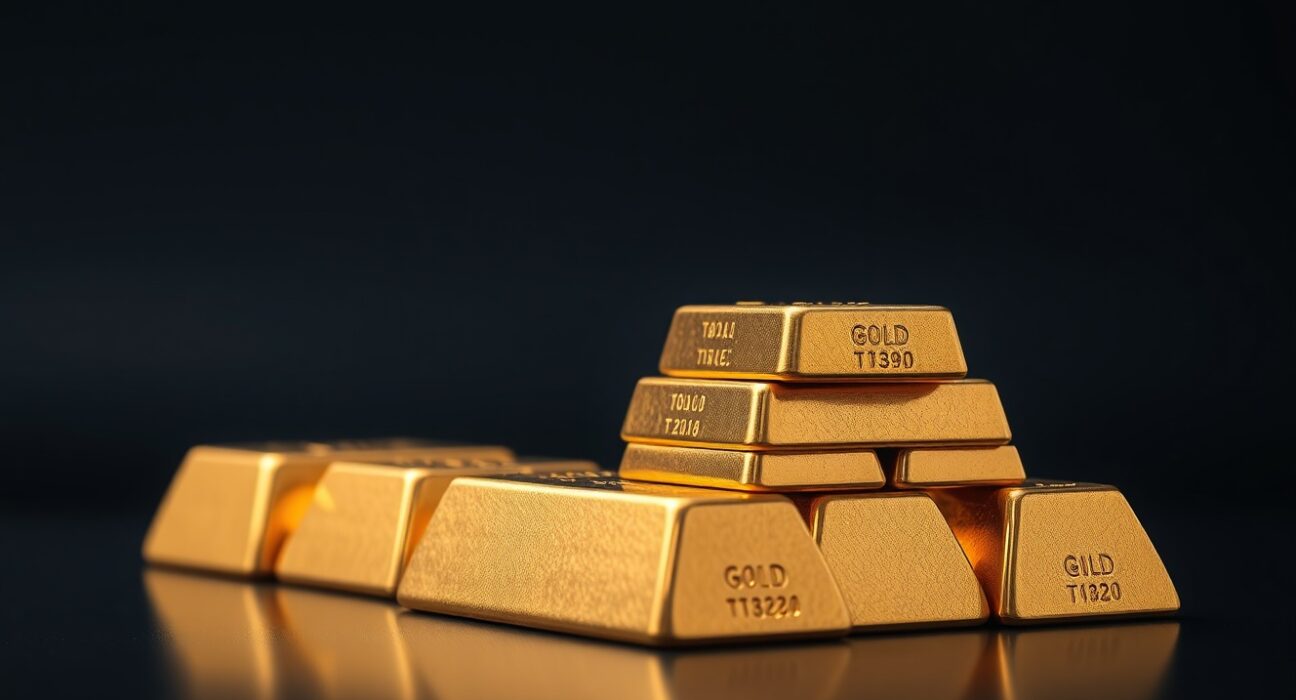 Close-up of polished gold bars stacked on a dark surface with soft lighting, representing the rising gold price.
