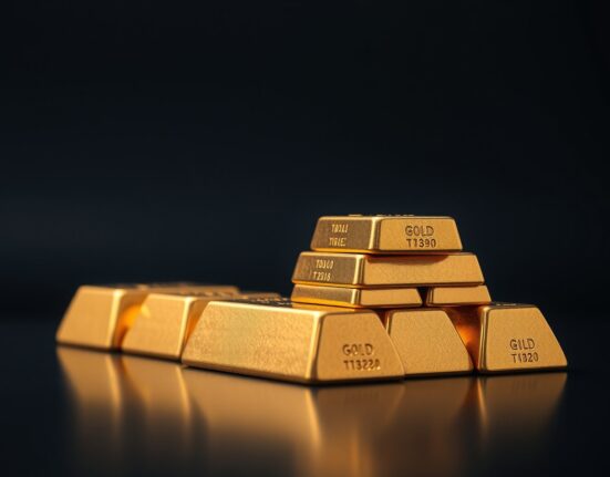 Close-up of polished gold bars stacked on a dark surface with soft lighting, representing the rising gold price.