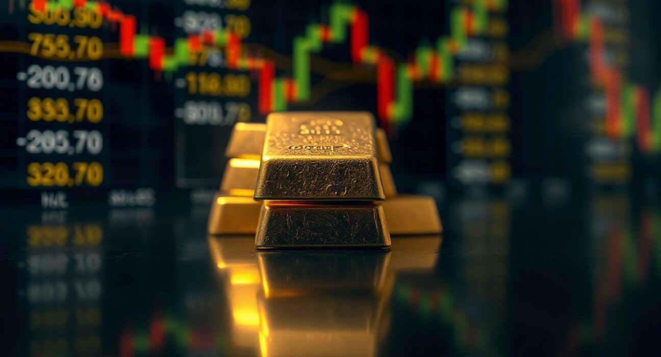 Gold bullion bars reflecting light on a dark surface with a blurred market chart in the background