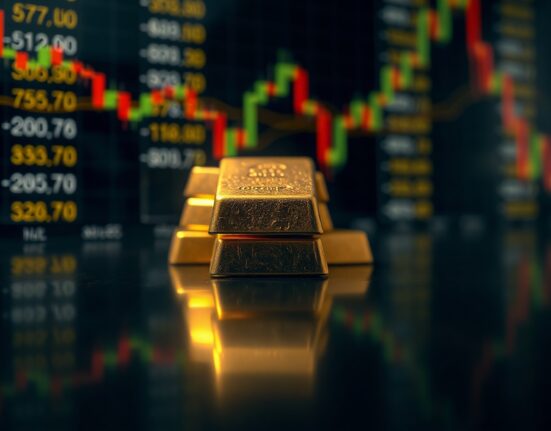 Gold bullion bars reflecting light on a dark surface with a blurred market chart in the background