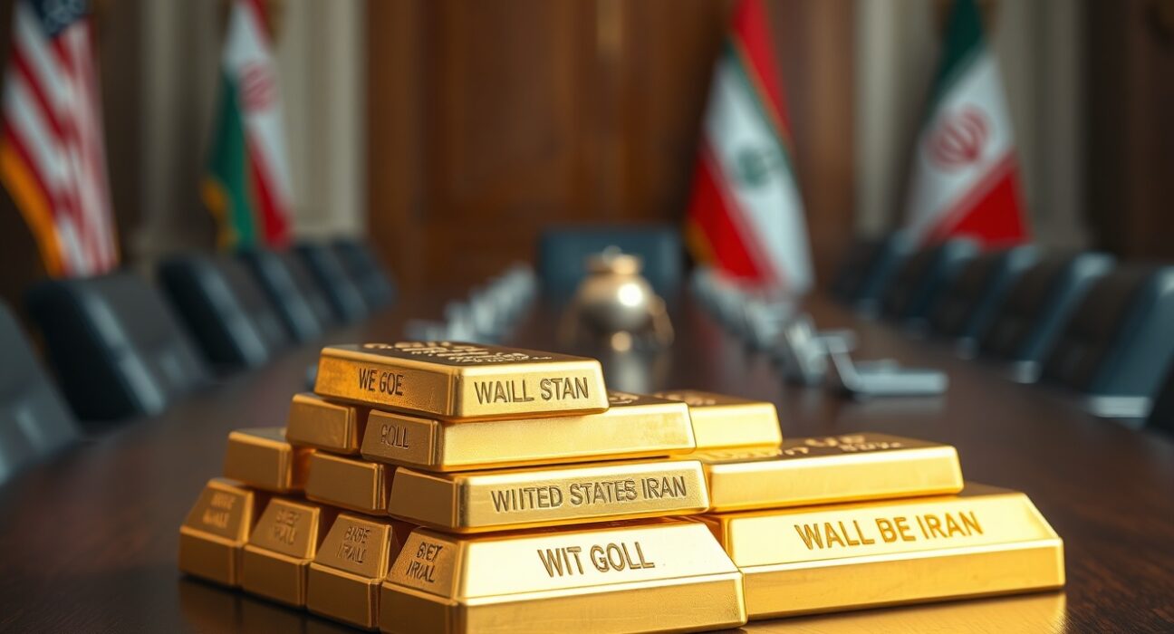 Gold bullion bars with blurred diplomatic flags in background symbolizing geopolitical negotiations