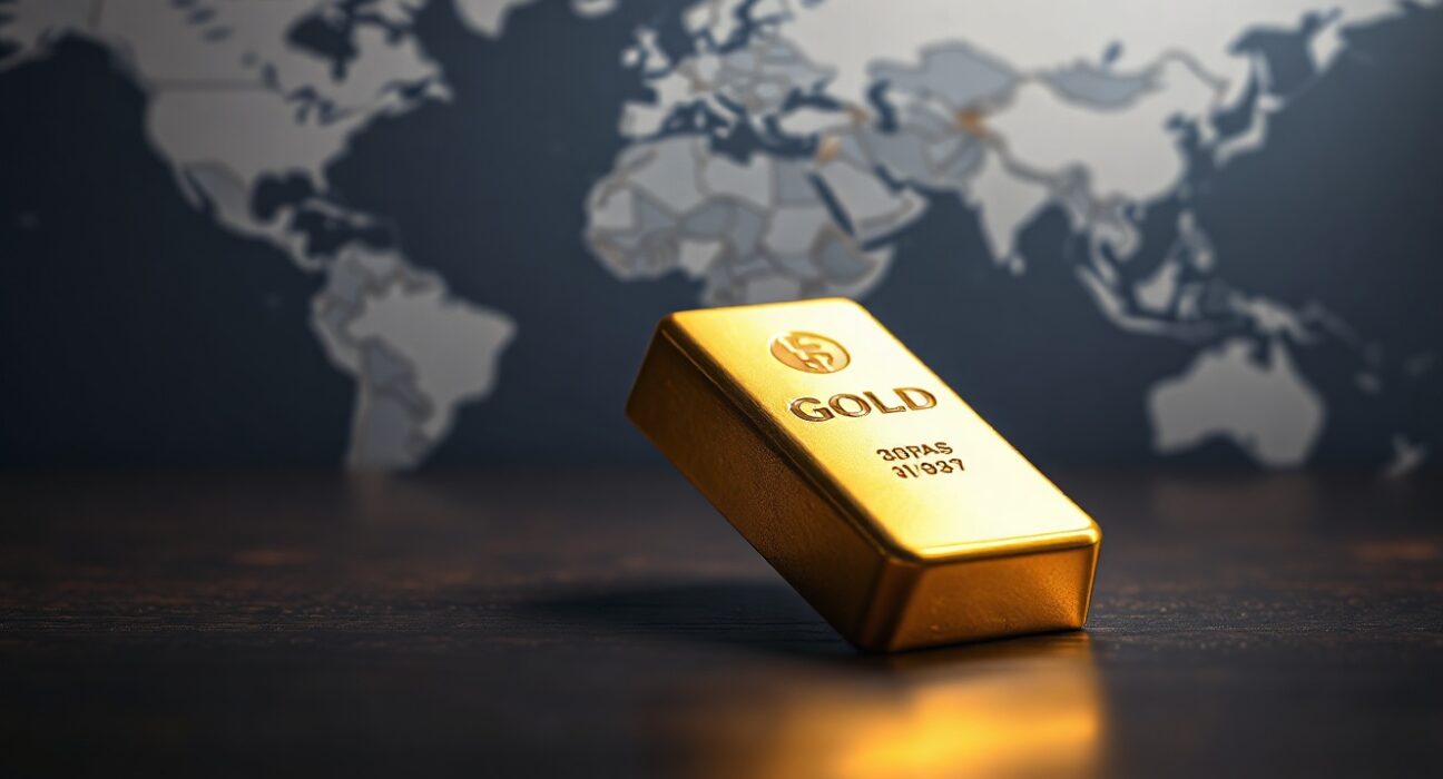 Gold bar illuminated on dark surface with world map in background