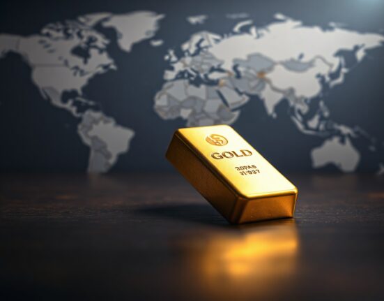 Gold bar illuminated on dark surface with world map in background