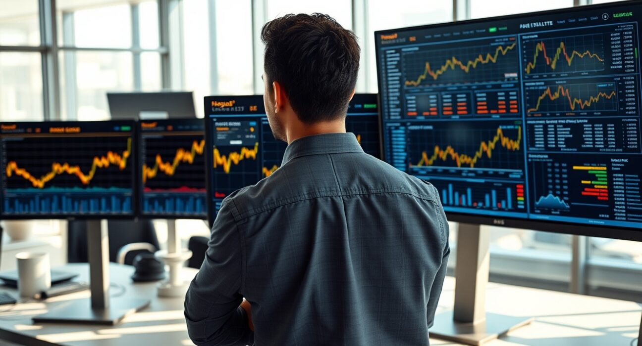 Trader analyzing gold price charts on screens in a modern trading floor