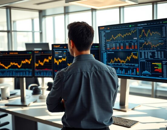 Trader analyzing gold price charts on screens in a modern trading floor