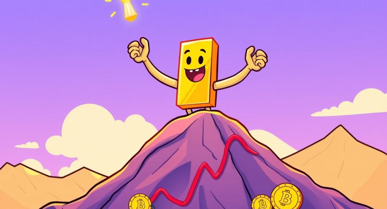 A triumphant cartoon gold bar celebrating its new all-time high price on a mountain peak.