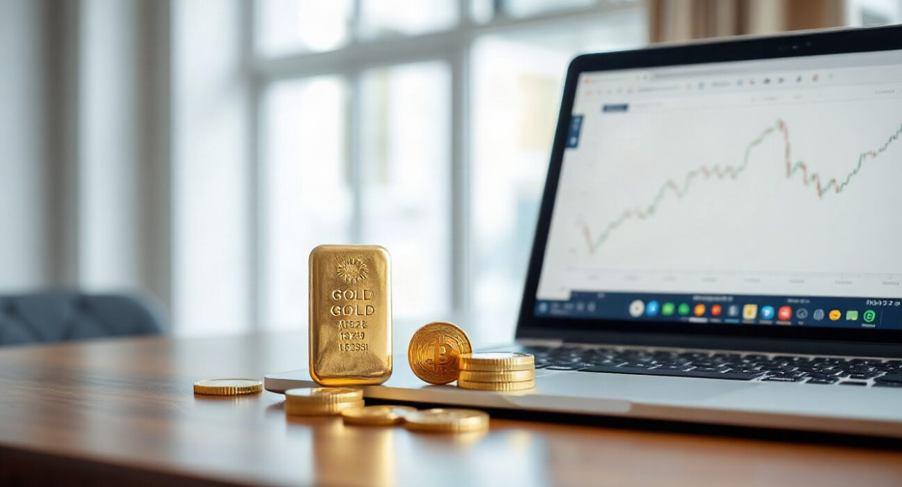 Gold bullion bar and coins beside a laptop showing a gold price chart on a desk