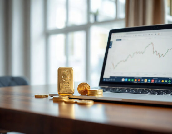 Gold bullion bar and coins beside a laptop showing a gold price chart on a desk