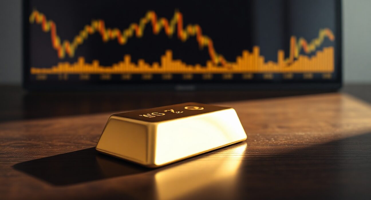 Close-up of a gold bar on a dark surface with a financial chart in the background.