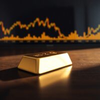 Close-up of a gold bar on a dark surface with a financial chart in the background.