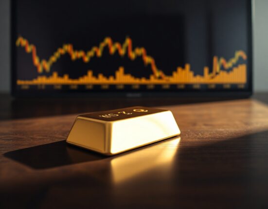 Close-up of a gold bar on a dark surface with a financial chart in the background.