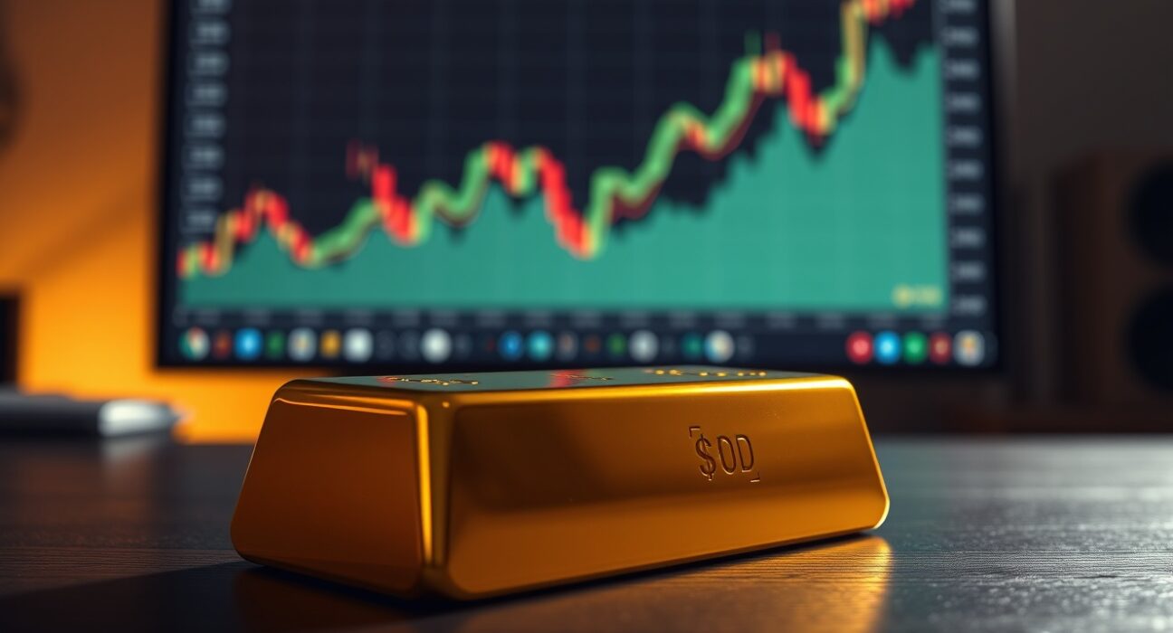 Gold bar on dark surface with financial charts in background