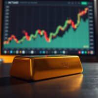 Gold bar on dark surface with financial charts in background