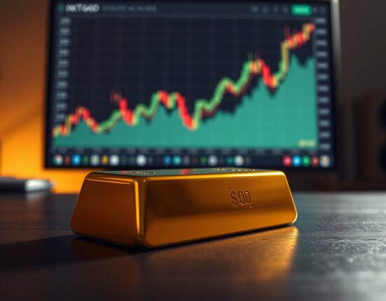 Gold bar on dark surface with financial charts in background