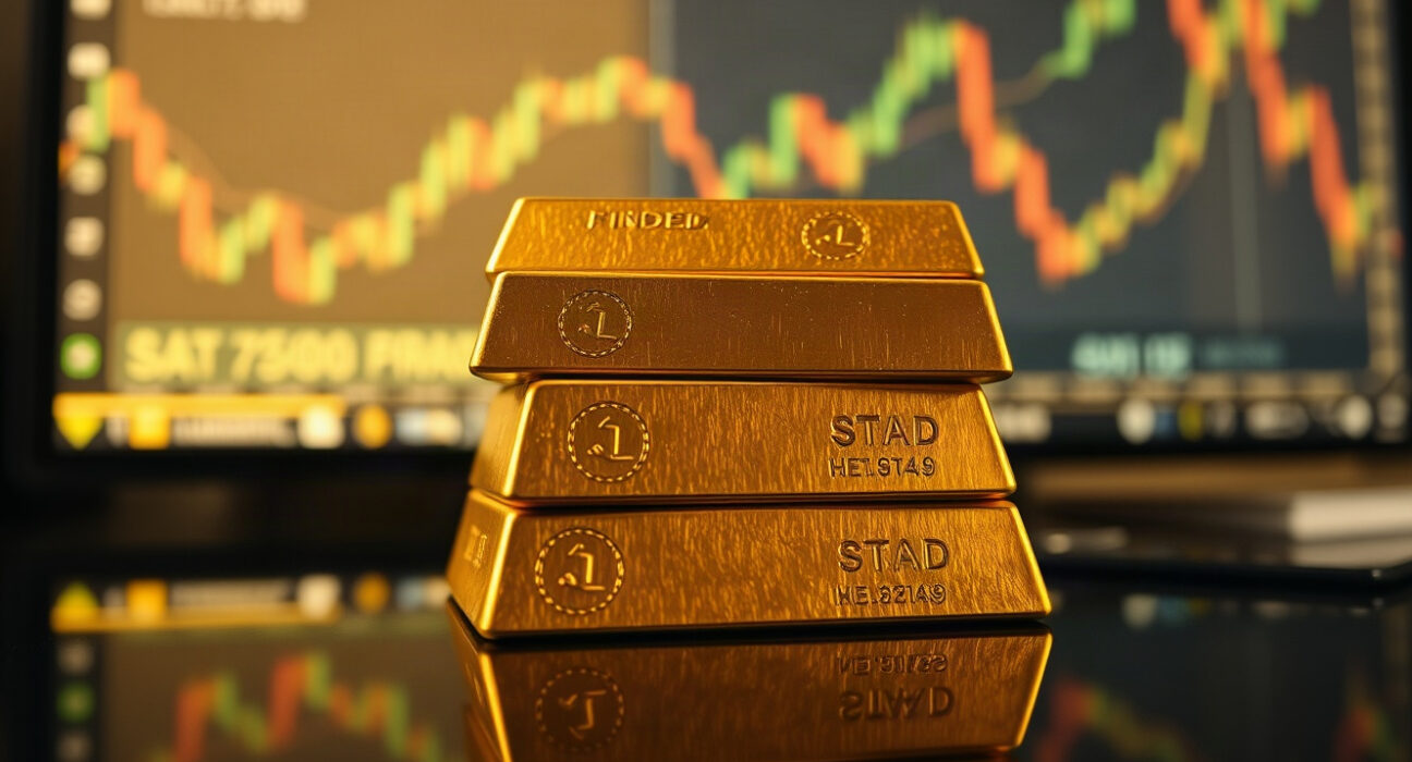 Gold bars stacked on a reflective surface with a blurred financial chart in the background