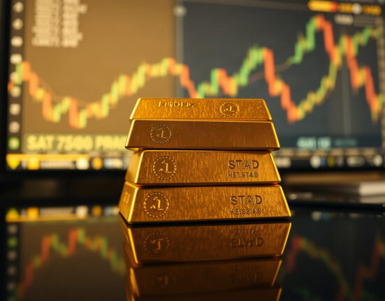 Gold bars stacked on a reflective surface with a blurred financial chart in the background