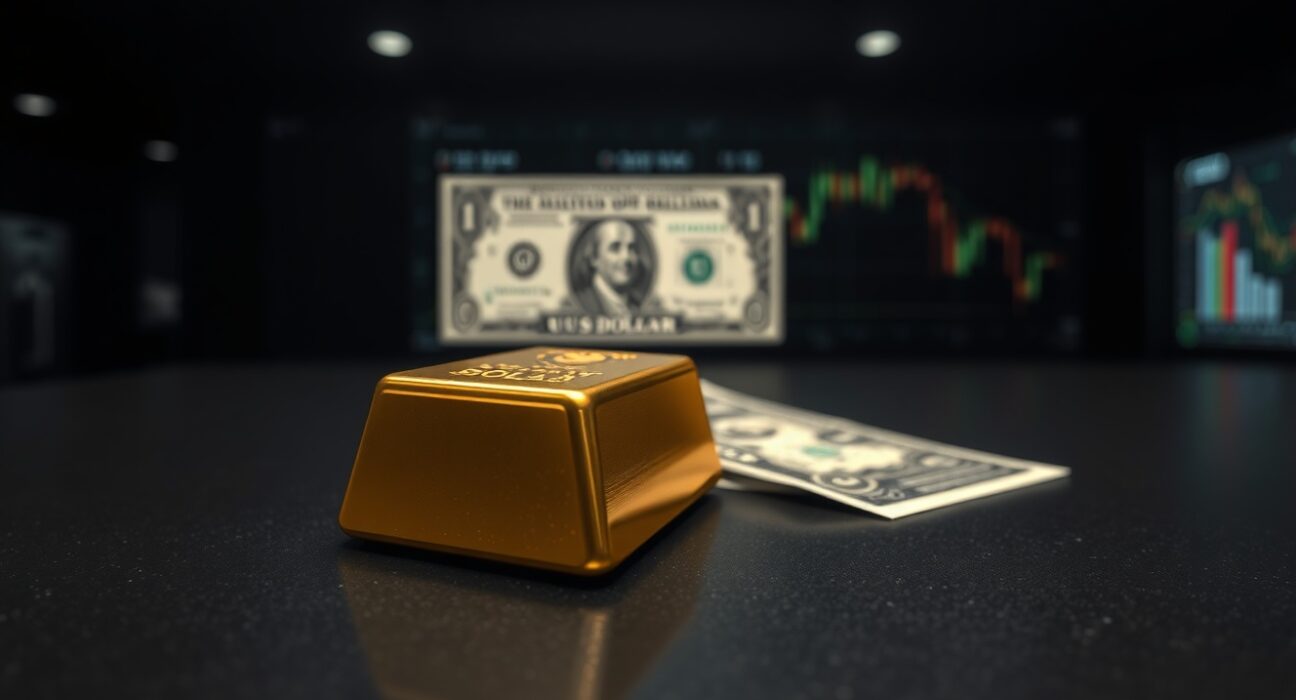 Gold bar on a dark surface with a blurred US dollar bill and stock chart in the background, representing gold price pressure from USD recovery.