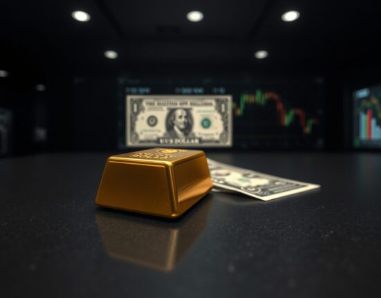 Gold bar on a dark surface with a blurred US dollar bill and stock chart in the background, representing gold price pressure from USD recovery.
