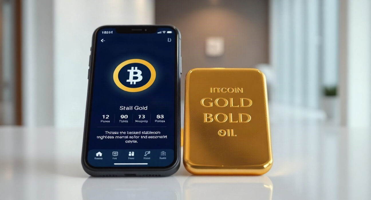 Gold bar next to a smartphone displaying a gold-backed stablecoin app, symbolizing digital gold investing.
