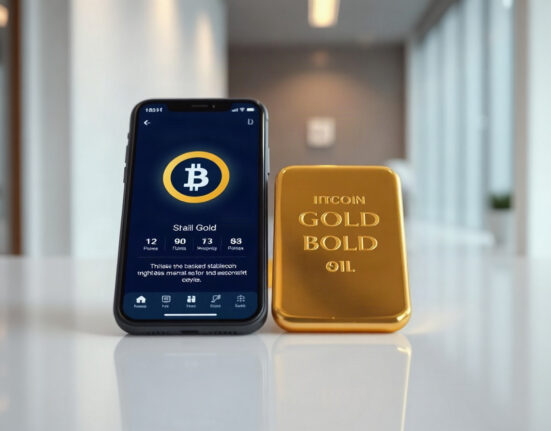Gold bar next to a smartphone displaying a gold-backed stablecoin app, symbolizing digital gold investing.