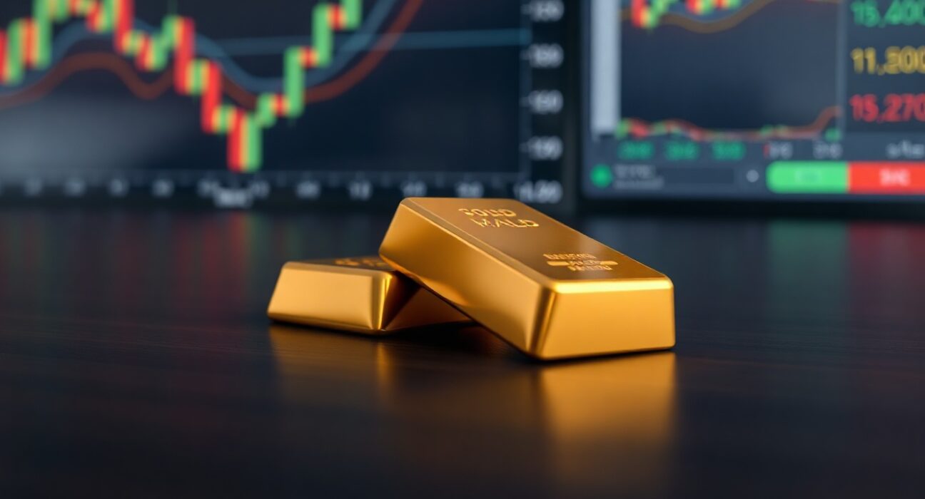 Gold bar on dark surface with blurred financial charts in background