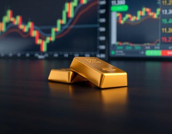 Gold bar on dark surface with blurred financial charts in background