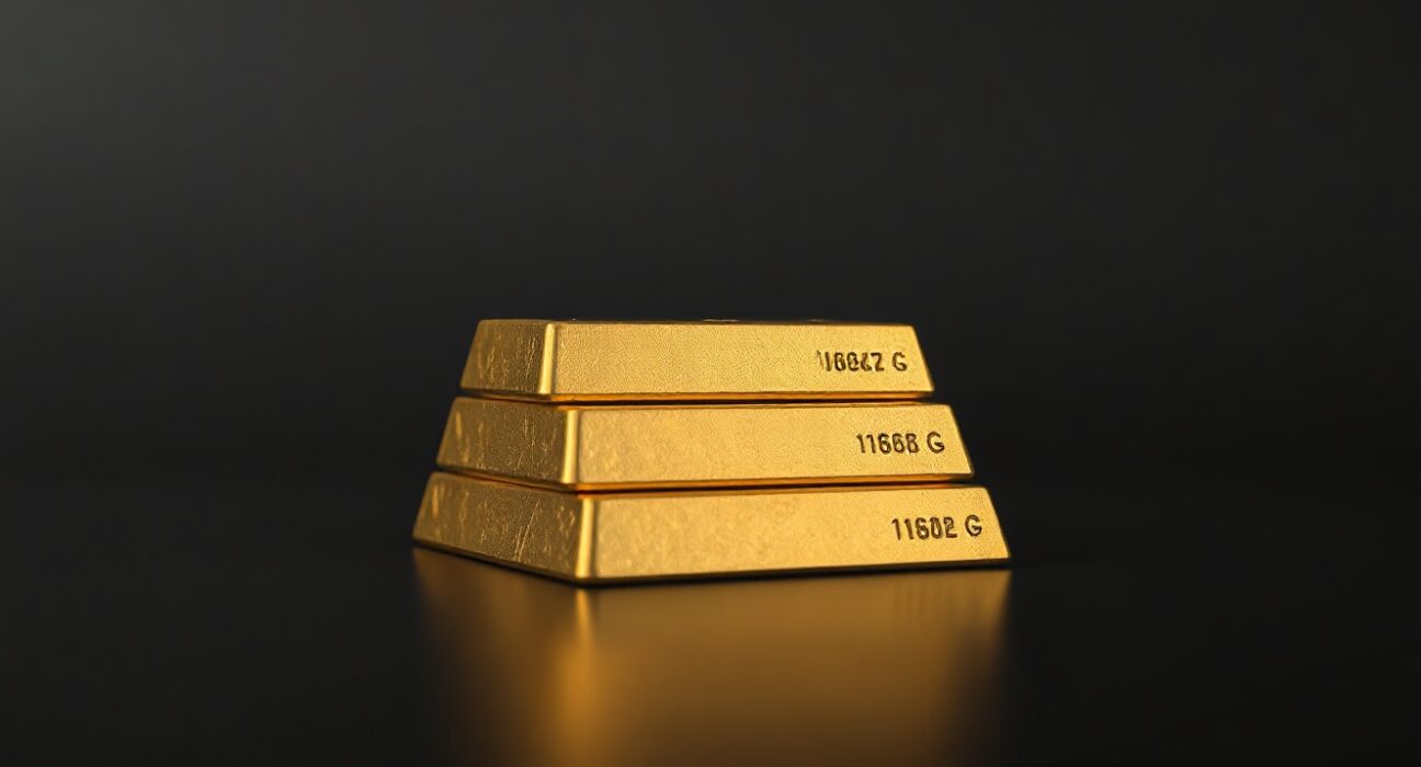 Close-up of stacked gold bars with dark background and soft lighting for financial news article.