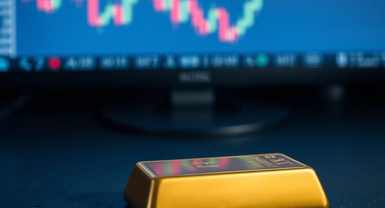 Gold bar with blurred chart showing downward trend in background