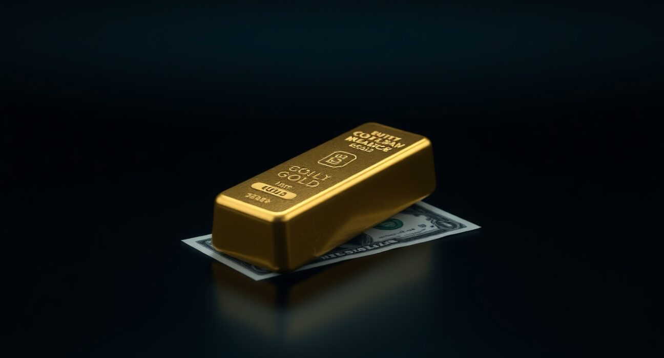Gold bar on a dark surface with a US dollar bill, representing bearish gold market pressure from a strong dollar and Fed rate hikes.