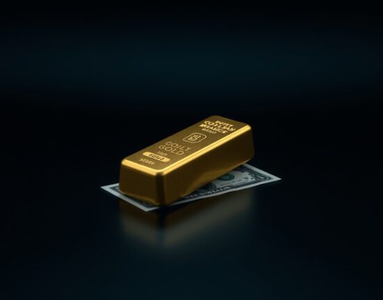 Gold bar on a dark surface with a US dollar bill, representing bearish gold market pressure from a strong dollar and Fed rate hikes.