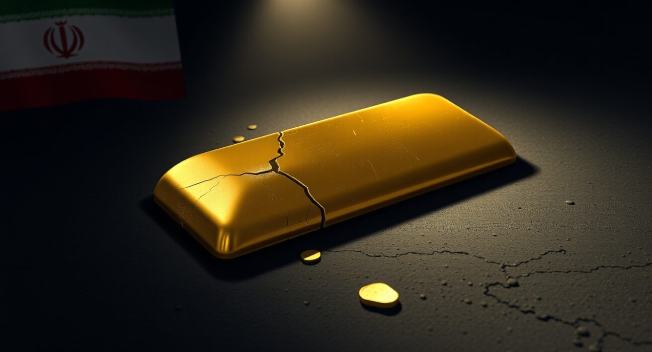 Gold bears retain control near two-week low as USD firms on Iran jitters and inflation fears, with a cracked gold bar symbolizing market pressure.