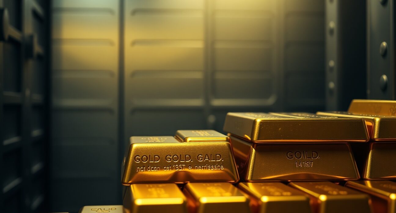 Close-up of stacked gold bars in a dimly lit vault representing precious metals market