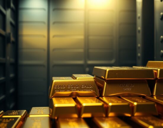 Close-up of stacked gold bars in a dimly lit vault representing precious metals market
