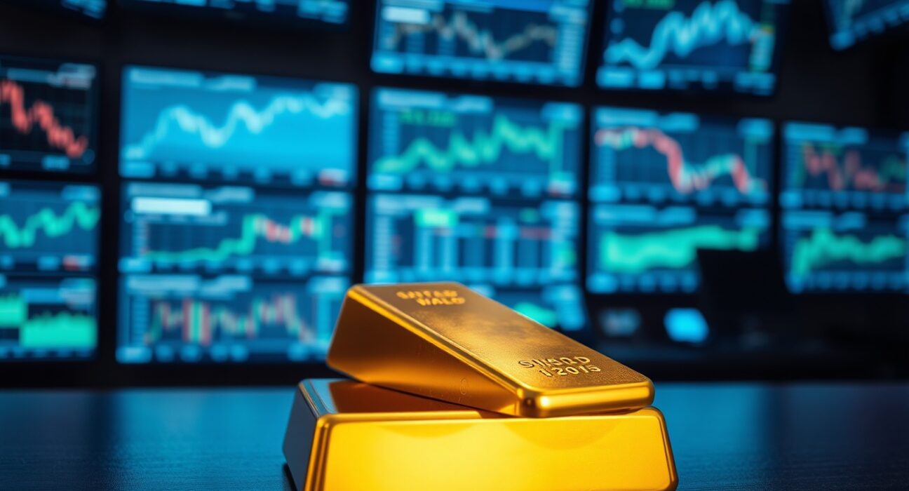 Gold bar on dark surface with trading monitors in background