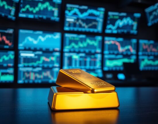 Gold bar on dark surface with trading monitors in background