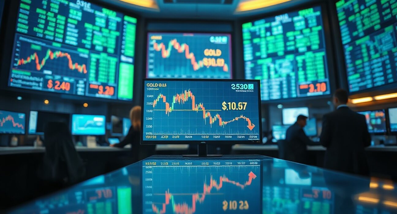 Gold price chart showing decline below $4,000 on trading floor screens amid hawkish Fed outlook