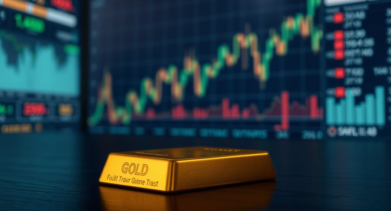 Gold bar on dark surface with financial charts in soft focus background
