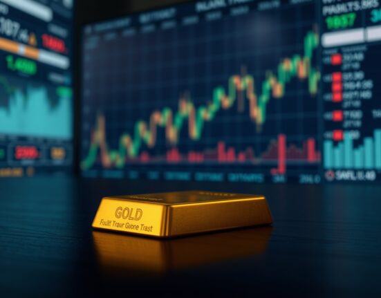Gold bar on dark surface with financial charts in soft focus background
