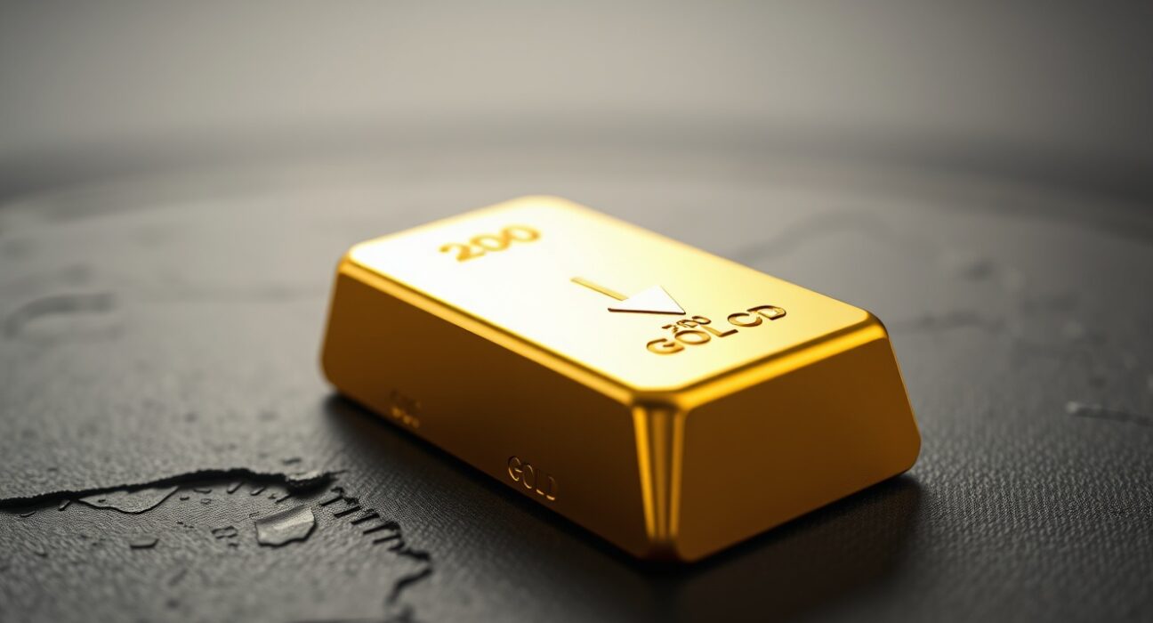Gold bar with subtle reflection of a descending price chart, representing gold price correction below $4,000.