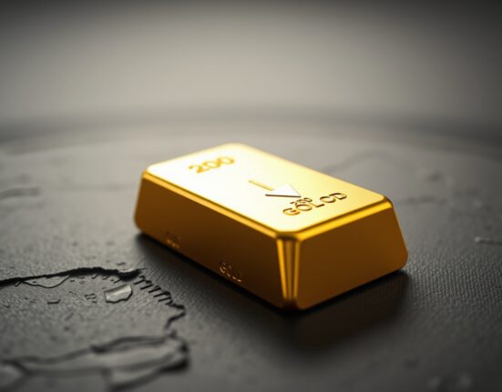 Gold bar with subtle reflection of a descending price chart, representing gold price correction below $4,000.